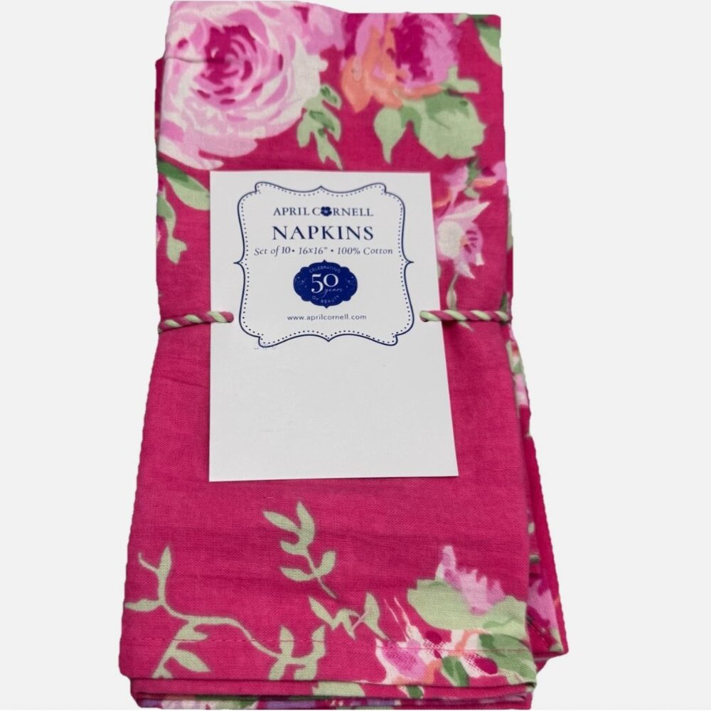 x10 April Cornell Cottage Rose Pink Floral Napkin Set 16x16 Cotton Garden Summer